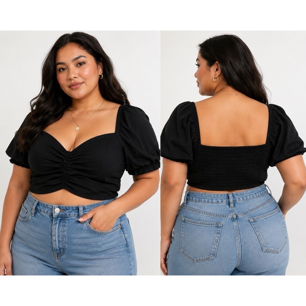 Forever 21 Plus Black Puff Sleeve Ruched Crop Top Linen Blend 2X Cottagecore